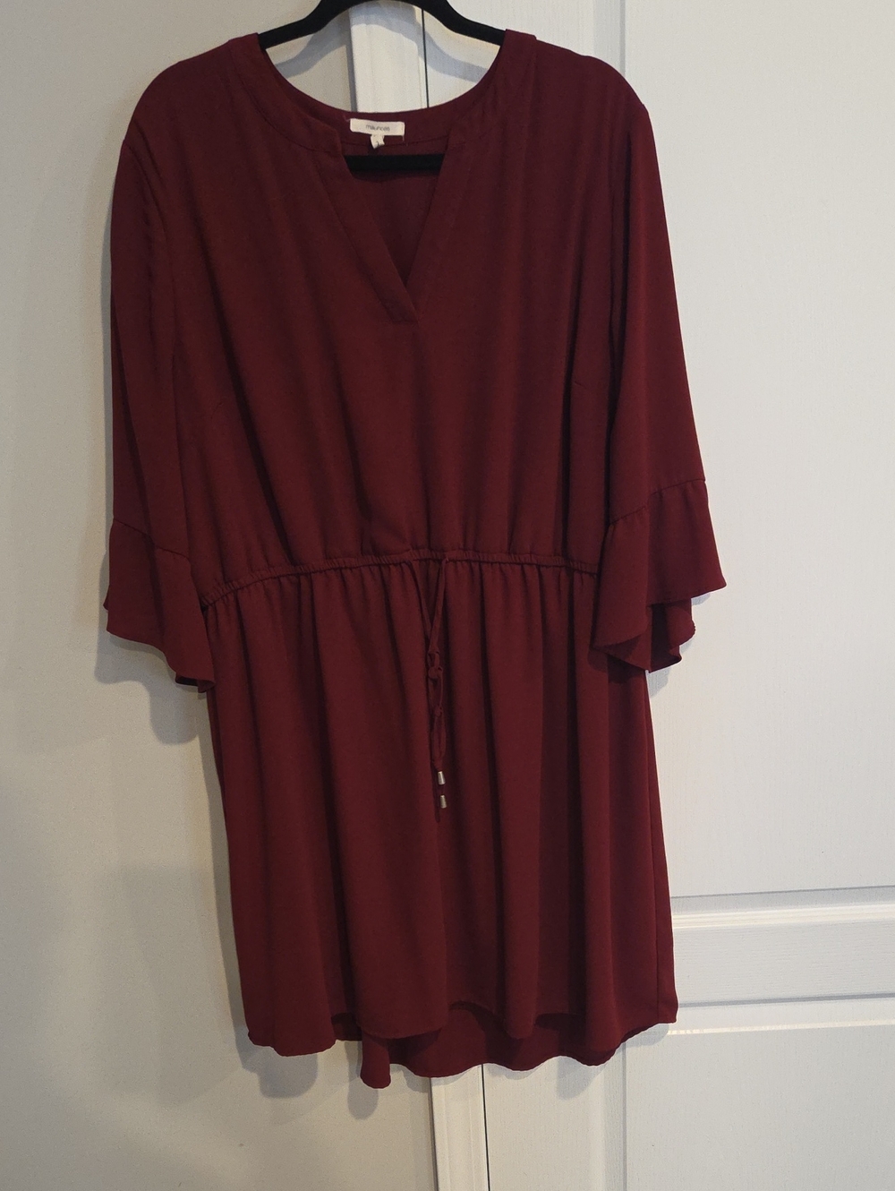 Maurices Burgundy Long Sleeve V-Neck Drawstring Waist Dress